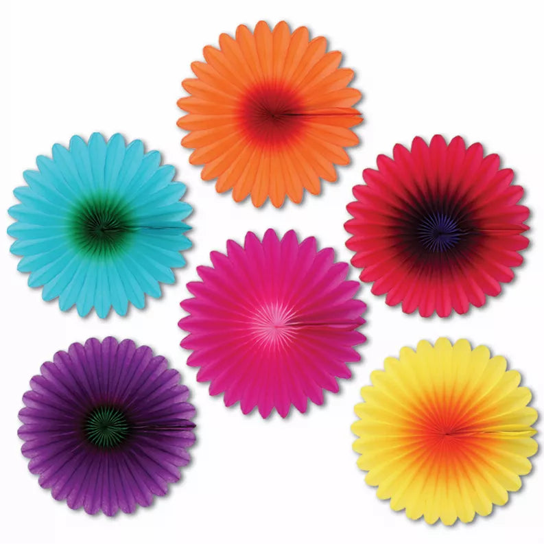 Set of tissue rosette decorations in orange, blue, pink, purple, and yellow flowers