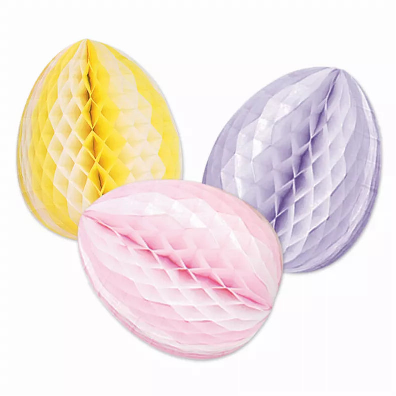 Set of honeycomb tissue decorations: yellow, lavender, and pink round balls