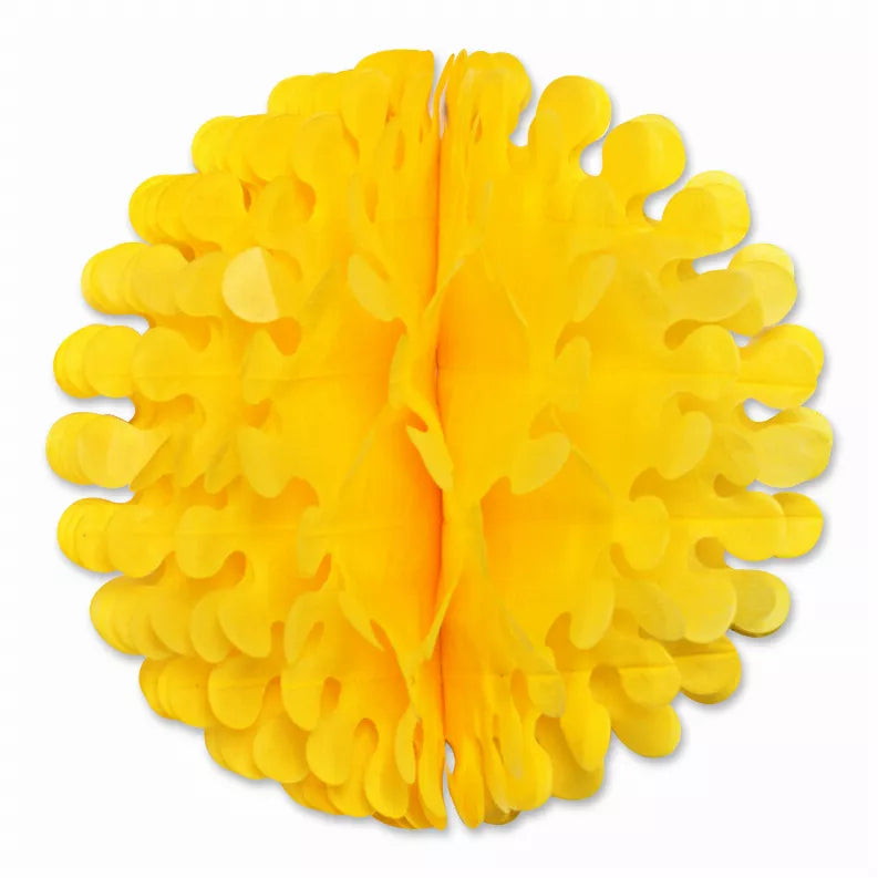 Yellow tissue paper flower decoration with layered petal rosette center fold
