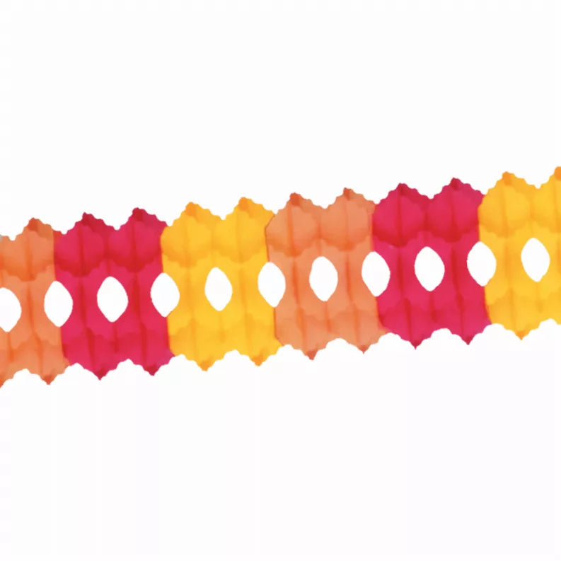 Colorful tissue paper garland strip with scalloped edges and teardrop cutouts