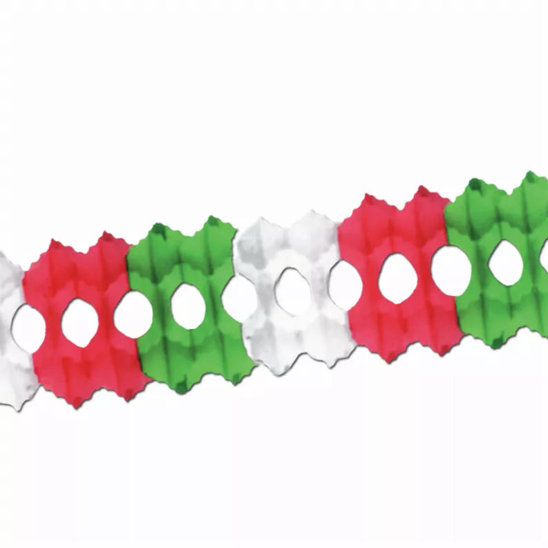 Scalloped tissue garland with alternating red, green, and white cutout circles