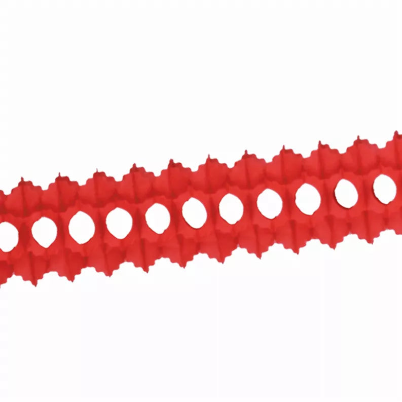 Red tissue decoration garland with scalloped edges and white circle cutouts