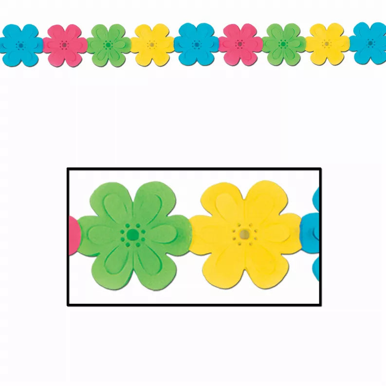 Assorted tissue flower decorations in blue, pink, green, and yellow flower shapes