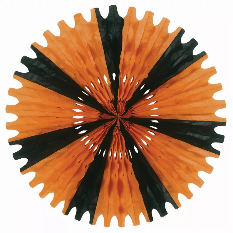 Orange and black tissue fan decoration with radial pleated strips