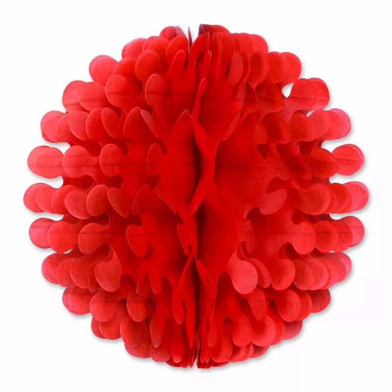 Red tissue pom-pom decoration with layered circular petals