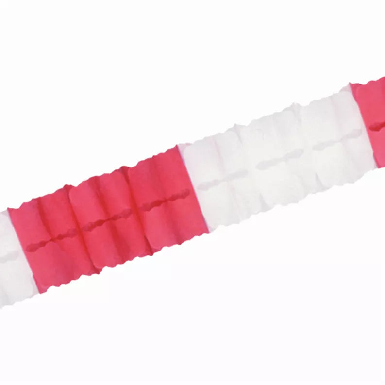 Red and white tissue decoration strip with pleated paper ruffles