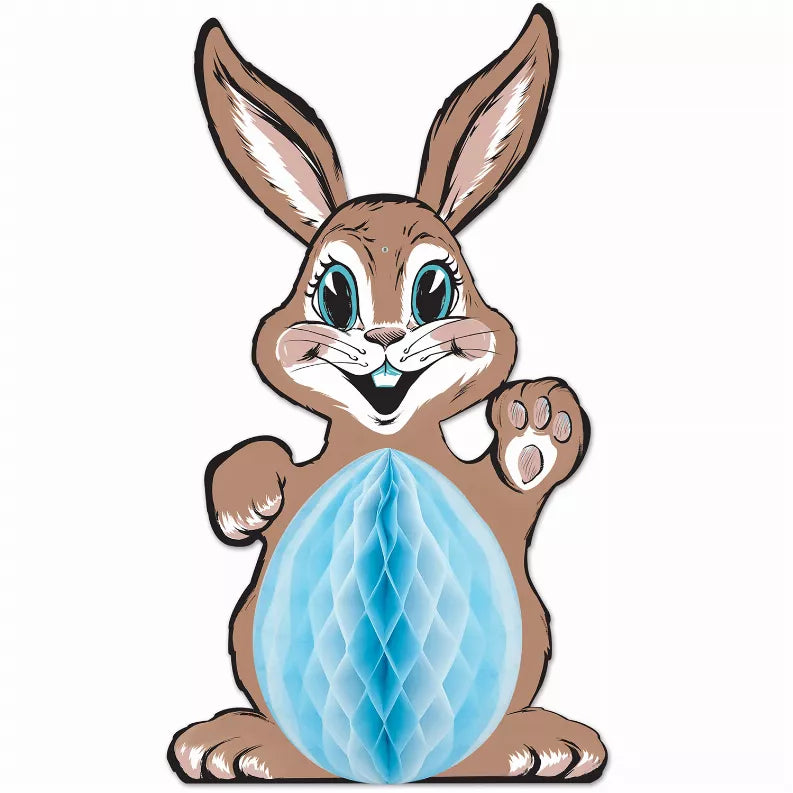 Rabbit-shaped tissue decoration with blue honeycomb ball and lifted paws