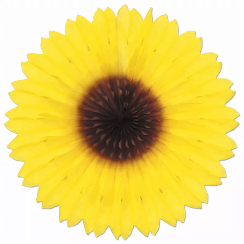 Yellow tissue rosette flower with dark brown center and ruffled paper petals