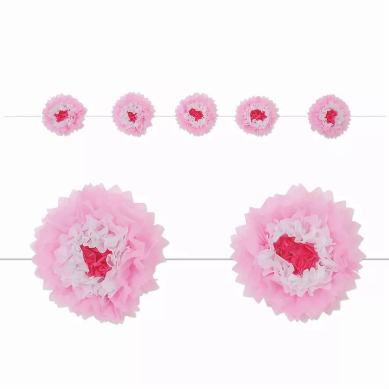 Pink tissue pom-pom garland with five round paper flowers