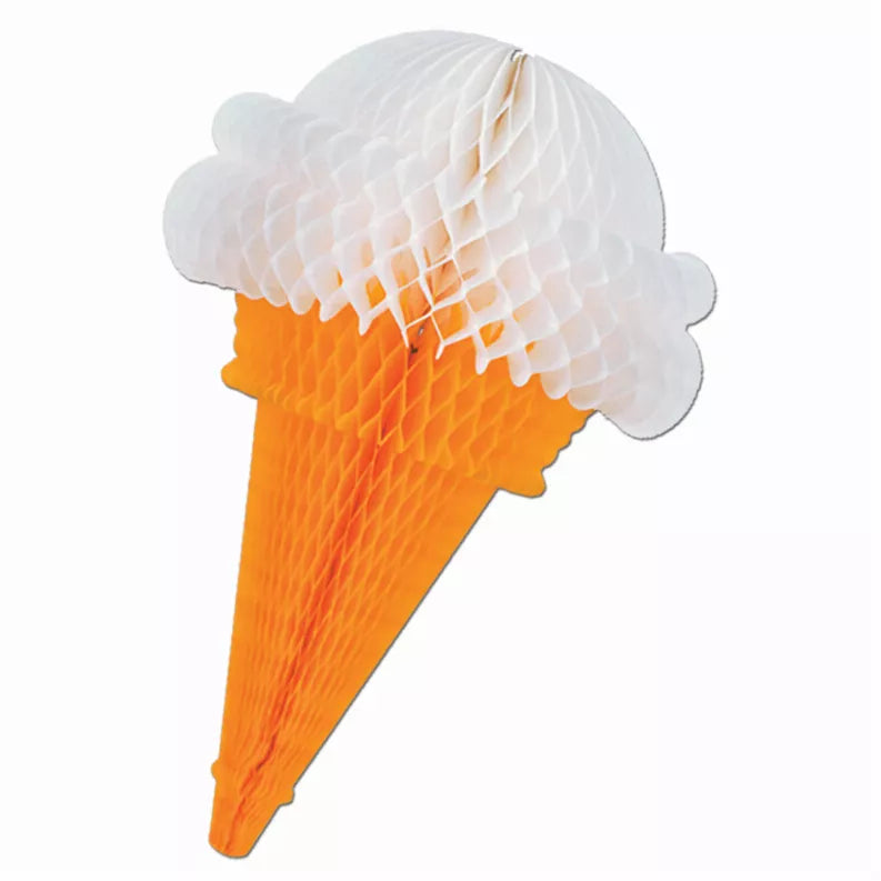 Orange paper party ice cream cone with white tissue cloud topping