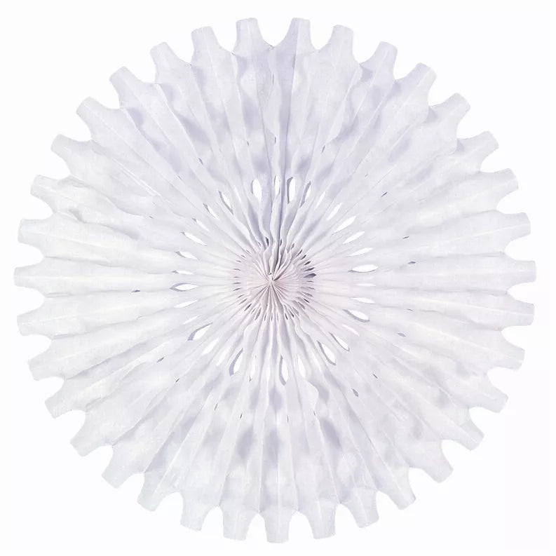 White tissue rosette fan decoration, circular paper pleats