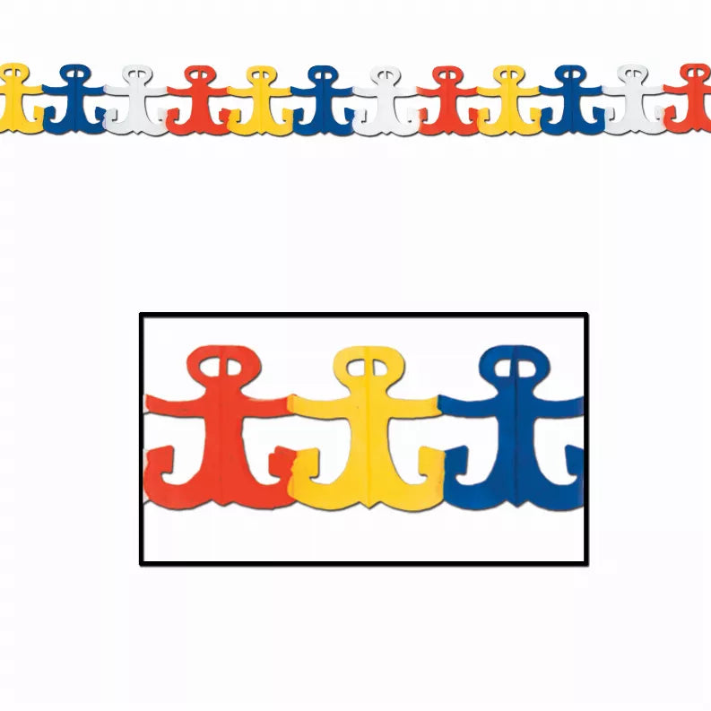 Colorful anchor-shaped tissue decorations in red, yellow, and blue