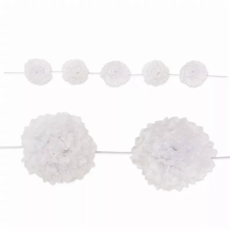 White tissue pom-pom garland with five round paper decorations on a string