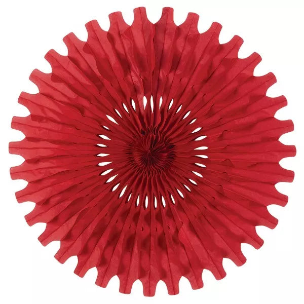 Red tissue paper rosette decoration with layered scalloped edges, circular fan shape