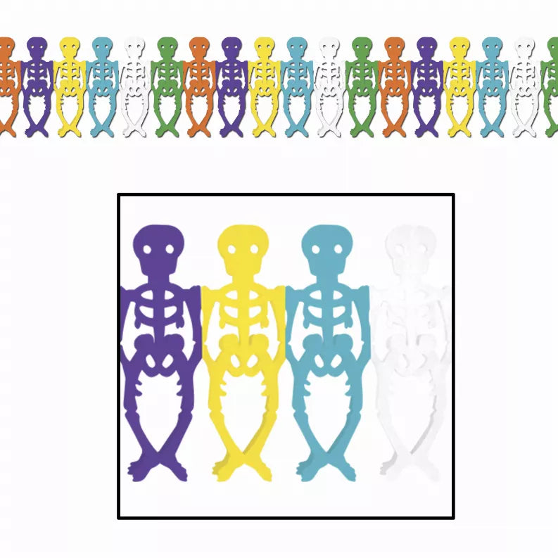 Colorful skeleton tissue decorations, dangling cutouts in purple, yellow, blue, green