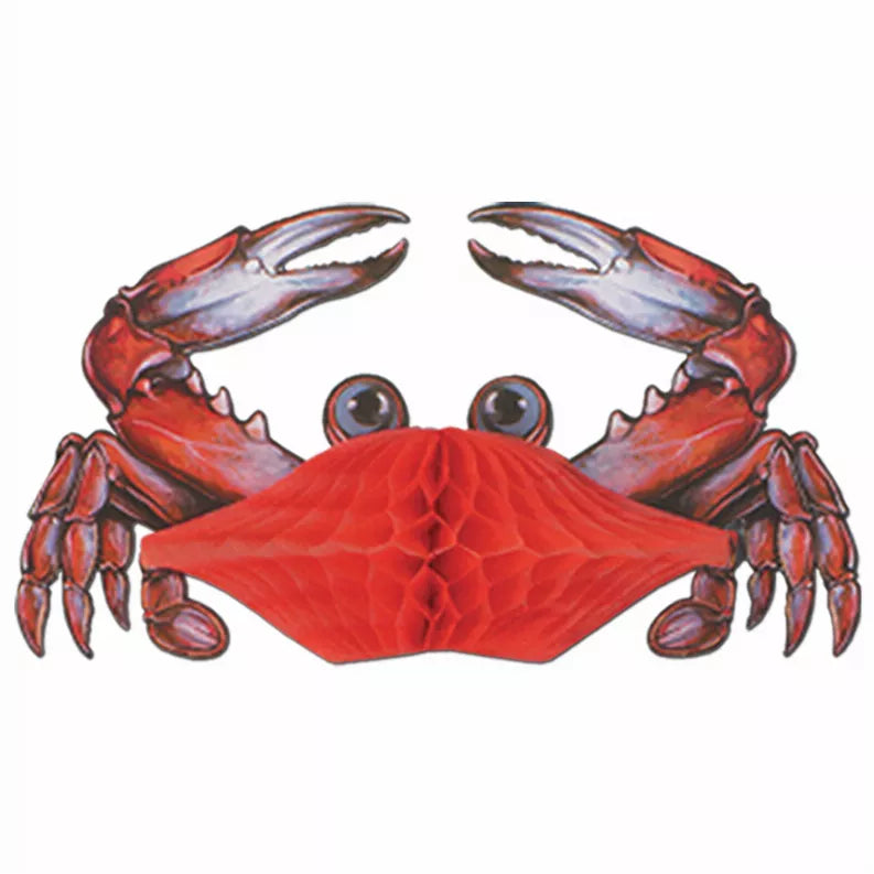 Crab-shaped tissue decoration with red folded center and open claw hands
