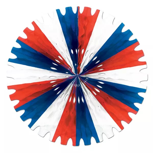 Round paper rosette decoration in red, blue, and white with scalloped edge