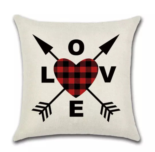 Beige Valentine pillow cover with central plaid heart and LOVE letters around it
