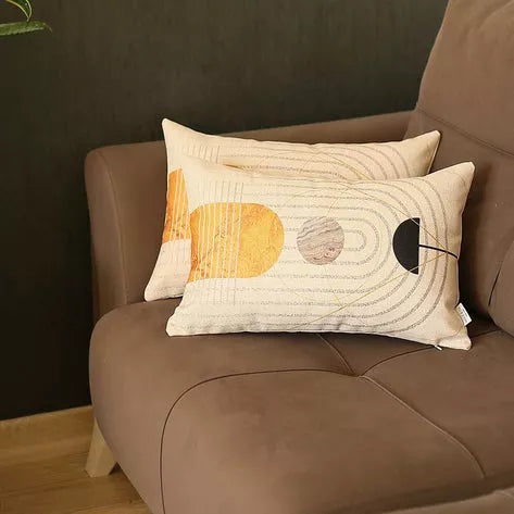 Set of 2 jacquard throw pillow covers, white with mustard, gray, black circle print