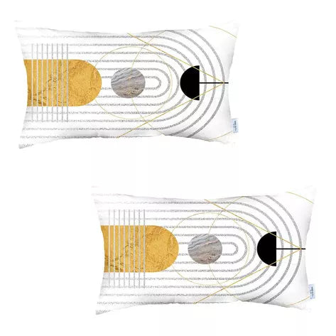 Two jacquard pillow covers laid flat, white with mustard/gray circles and concentric lines