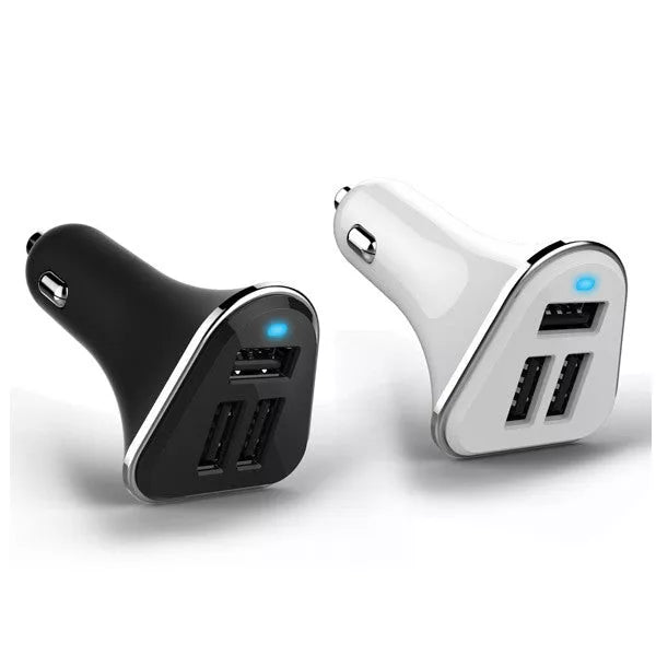 Triple USB car charger, black and white view with 3 ports and blue indicator light
