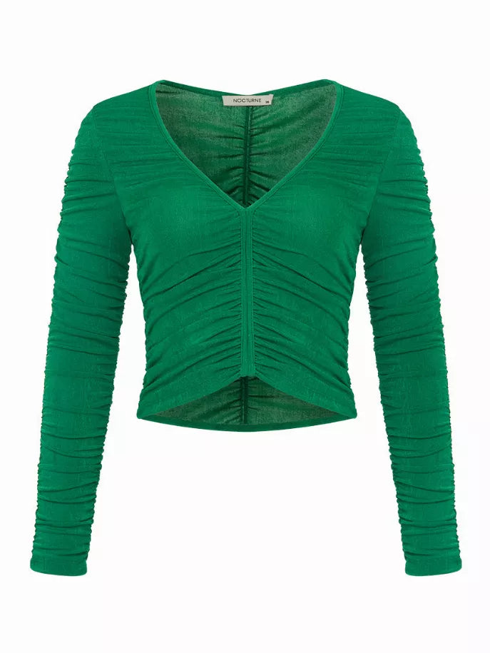 Green V-neck draped top with ruched long sleeves and gathered seams