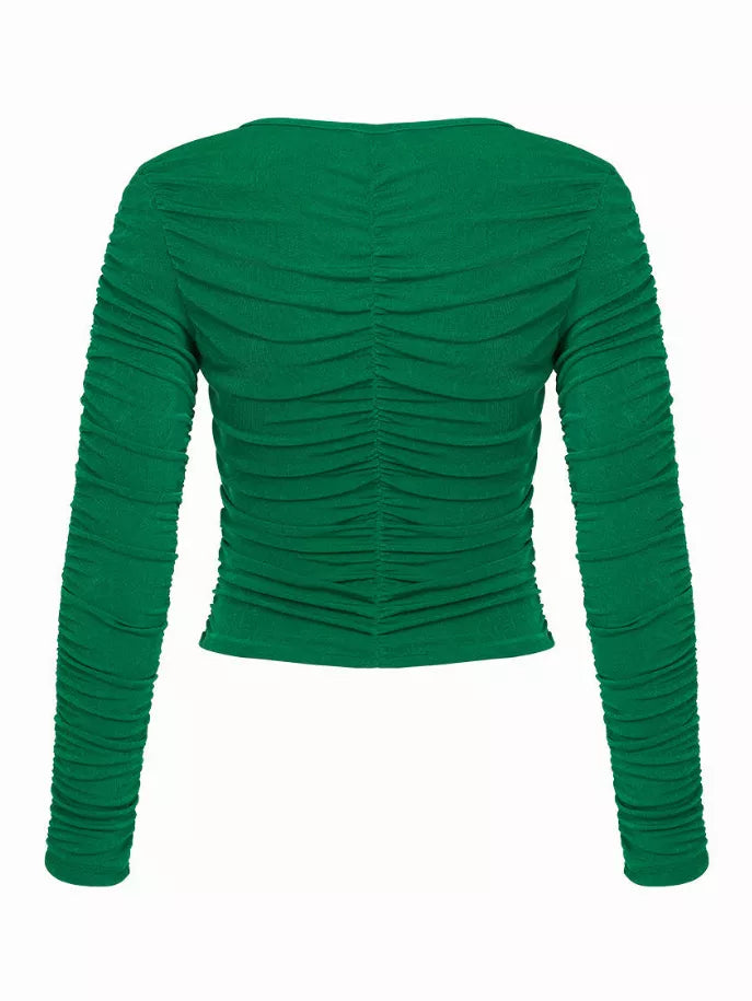 Green draped ruched long-sleeve top with V-back and gathered seams