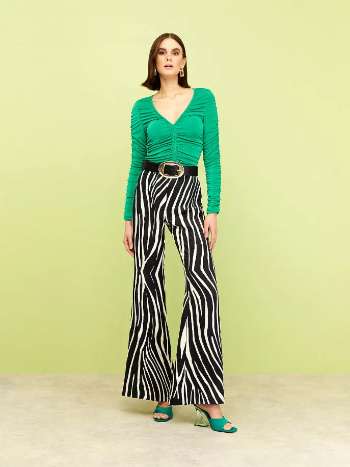 Green draped V-neck long-sleeve top with fitted waist ruching