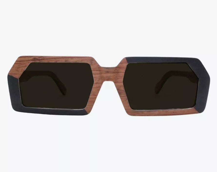 Wood and black square sunglasses frame with dark tinted lenses
