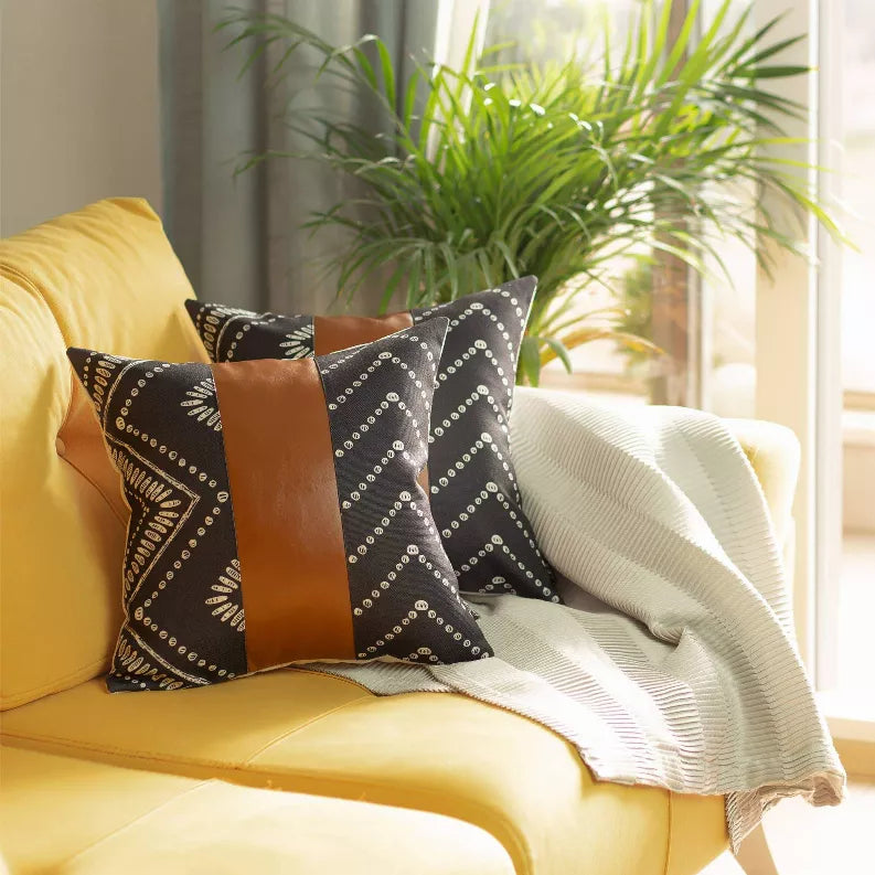 Bohemian Vegan Faux Leather Throw Pillow Set - Pillows