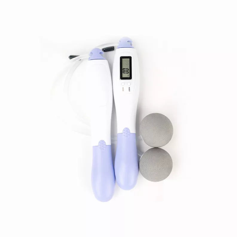 Electronic jump rope with white-and-blue handles, LED display, two gray exercise pads