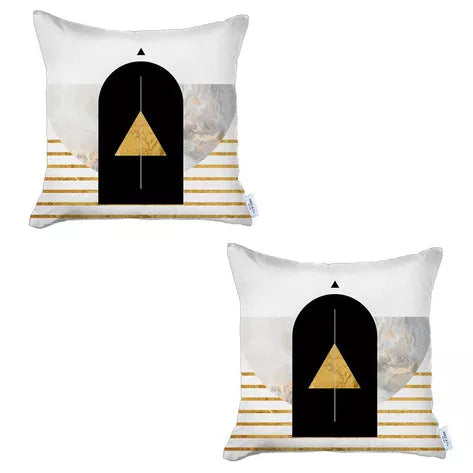 Set of 2 boho printed pillow covers, white with black arch and gold tree motif