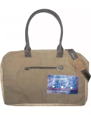 Canvas duffel travel bag with top handles, front zipper pocket, and Semper Fi patch