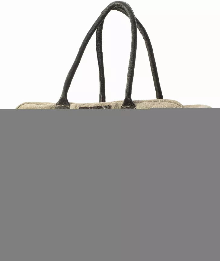 Canvas duffel bag with two top handles, side view cropped at the top