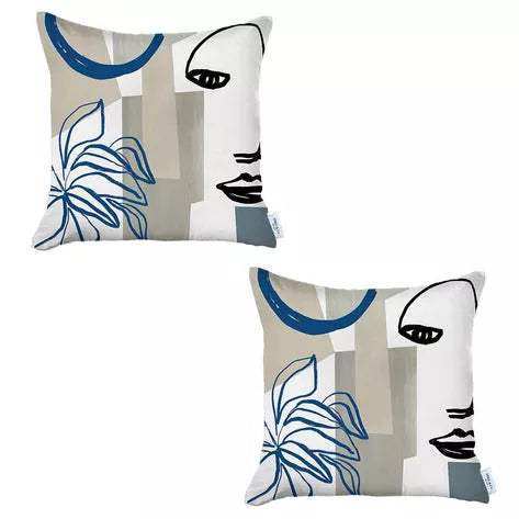 Printed throw pillow cover pair with blue face art and botanical line pattern