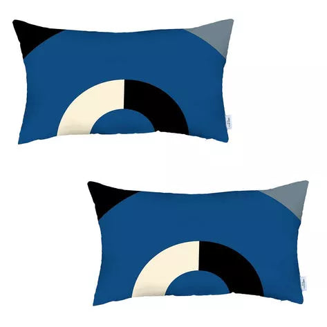 Geometric printed throw pillow cover with blue, black, and cream arch shapes