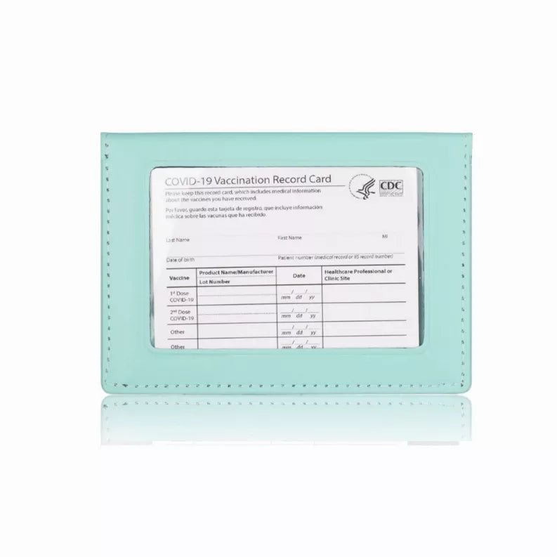 Mint teal 2-in-1 vaccination and ID card holder with clear window for record card