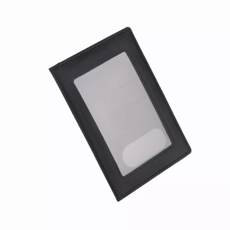 Black vaccination and ID card holder with clear ID window and stitched edges
