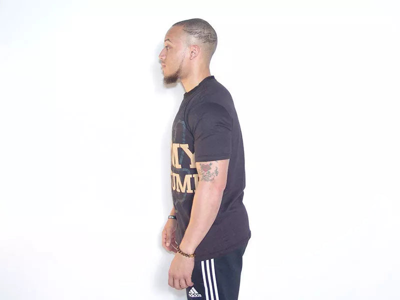 Black graphic T-shirt with partial front print in gold and cream