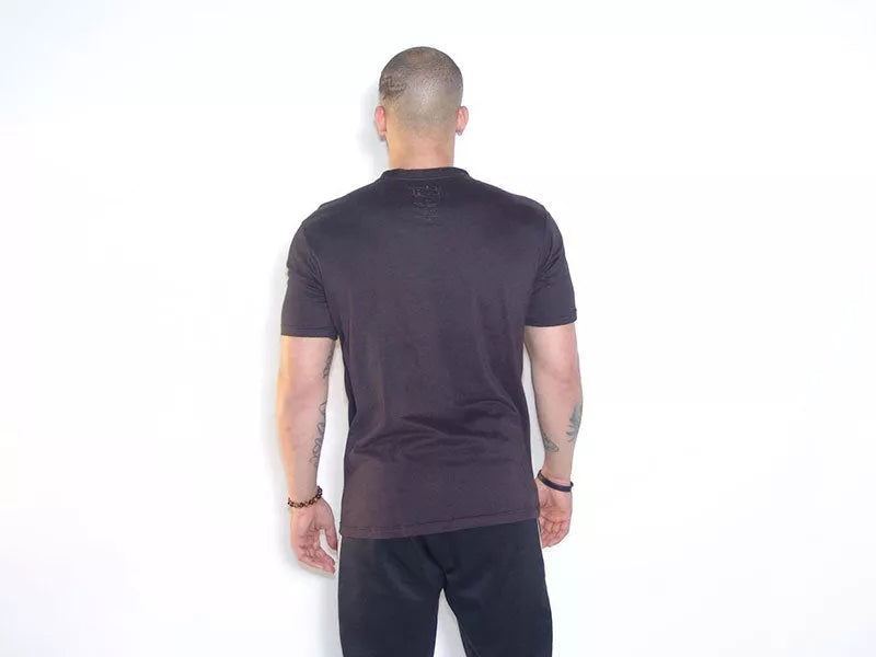 Black crewneck T-shirt, short sleeves, plain back