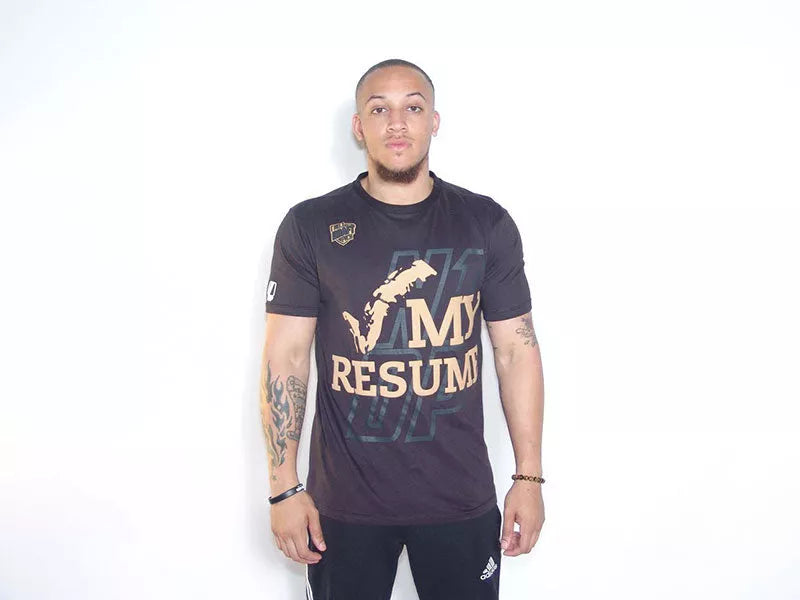 Black crewneck graphic T-shirt with "MY RESUME UP" front text design