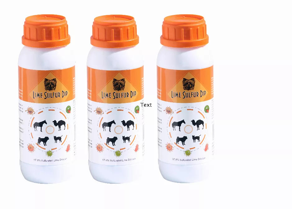 Three lime sulfur dip solution bottles with orange caps on a white background