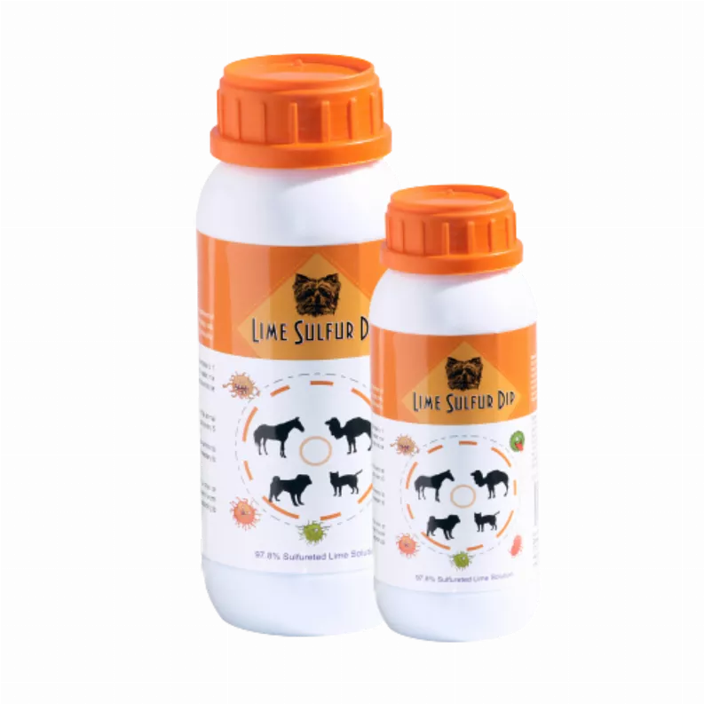 Two lime sulfur dip solution bottles with orange caps, front view