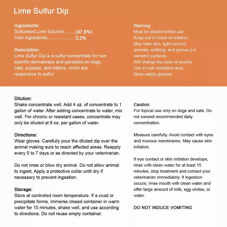 Lime sulfur dip back label showing ingredients, warnings, dilution, and directions