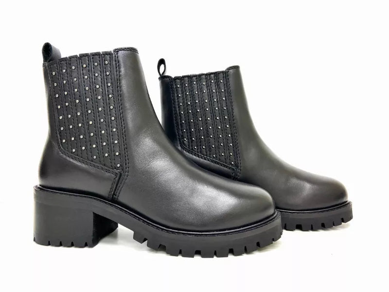 Black platform Chelsea boots, studded elastic uppers, low chunky heel and lug tread