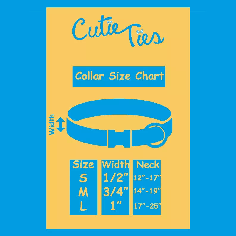 Cutie Ties dog collar size chart with width and neck measurements by size.