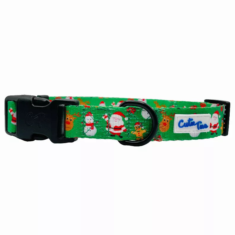 Green patterned dog collar with black buckle, side release, and matching D-ring.