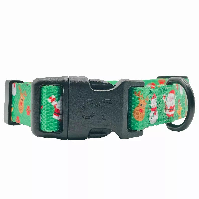 Close-up of black buckle hardware on green holiday character dog collar.