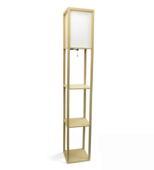 Lalia Home column shelf floor lamp with linen shade and three open tiers, light wood