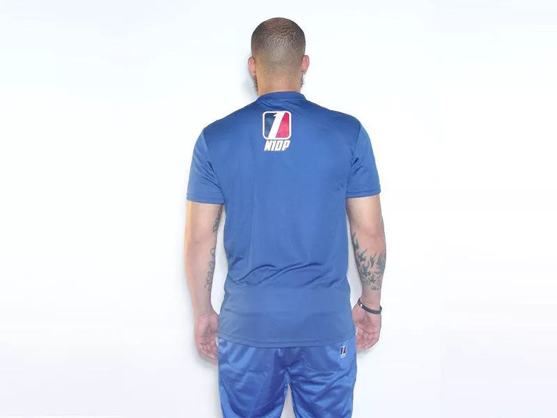 Blue sports t-shirt back view with centered logo print and crew neck